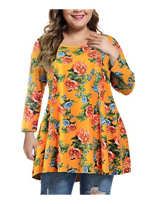 MONNURO Womens 3/4 Sleeve Casual Loose Fit Swing Plus Size Tunic Tops Basic T Shirt