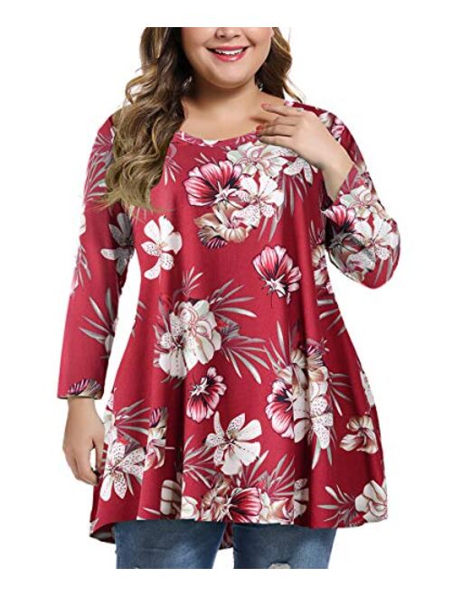 MONNURO Womens 3/4 Sleeve Casual Loose Fit Swing Plus Size Tunic Tops Basic T Shirt