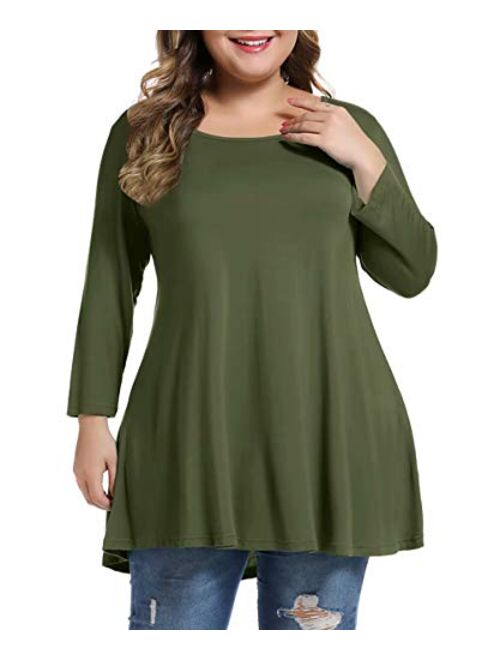 MONNURO Womens 3/4 Sleeve Casual Loose Fit Swing Plus Size Tunic Tops Basic T Shirt