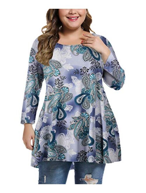 MONNURO Womens 3/4 Sleeve Casual Loose Fit Swing Plus Size Tunic Tops Basic T Shirt