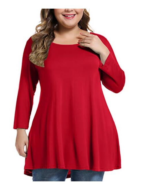 MONNURO Womens 3/4 Sleeve Casual Loose Fit Swing Plus Size Tunic Tops Basic T Shirt