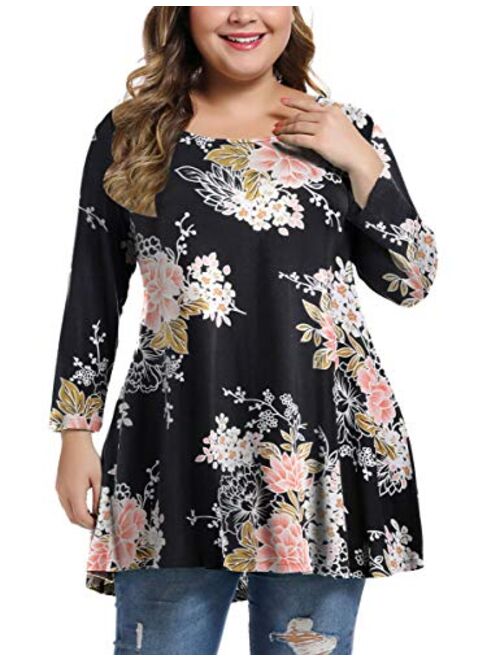 MONNURO Womens 3/4 Sleeve Casual Loose Fit Swing Plus Size Tunic Tops Basic T Shirt