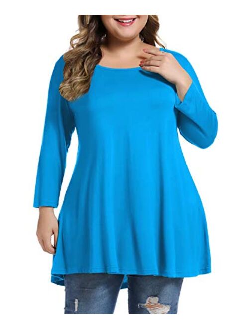 MONNURO Womens 3/4 Sleeve Casual Loose Fit Swing Plus Size Tunic Tops Basic T Shirt