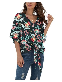 VIISHOW Womens Floral Tie Front Chiffon Blouses V Neck Batwing Short Sleeve Summer Tops Shirts