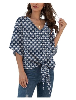 VIISHOW Womens Floral Tie Front Chiffon Blouses V Neck Batwing Short Sleeve Summer Tops Shirts