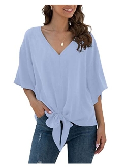 VIISHOW Womens Floral Tie Front Chiffon Blouses V Neck Batwing Short Sleeve Summer Tops Shirts