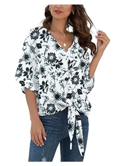 VIISHOW Womens Floral Tie Front Chiffon Blouses V Neck Batwing Short Sleeve Summer Tops Shirts