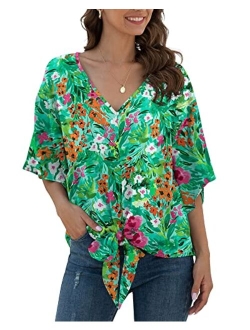 VIISHOW Womens Floral Tie Front Chiffon Blouses V Neck Batwing Short Sleeve Summer Tops Shirts