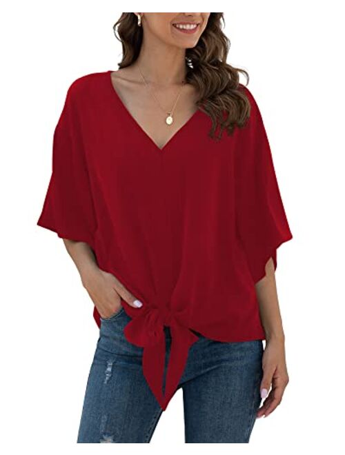 VIISHOW Womens Floral Tie Front Chiffon Blouses V Neck Batwing Short Sleeve Summer Tops Shirts