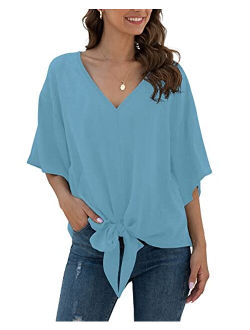 VIISHOW Womens Floral Tie Front Chiffon Blouses V Neck Batwing Short Sleeve Summer Tops Shirts