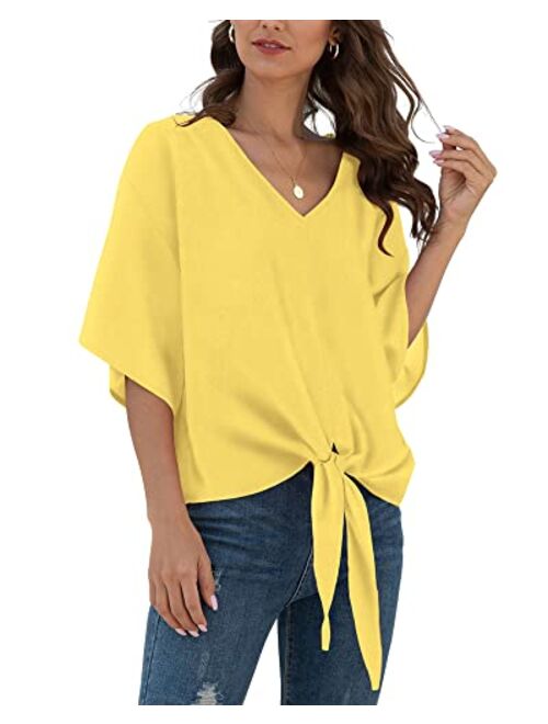 VIISHOW Womens Floral Tie Front Chiffon Blouses V Neck Batwing Short Sleeve Summer Tops Shirts