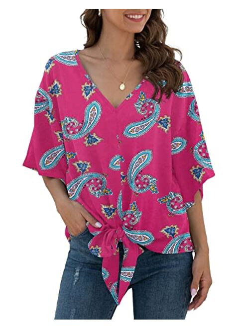 VIISHOW Womens Floral Tie Front Chiffon Blouses V Neck Batwing Short Sleeve Summer Tops Shirts