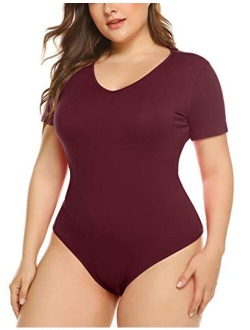 IN'VOLAND Women's Bodysuit Plus Size Short Sleeve Scoop Neck Bodysuit Basic Top T Shirt Leotards Jumpsuits