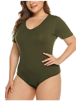 IN'VOLAND Women's Bodysuit Plus Size Short Sleeve Scoop Neck Bodysuit Basic Top T Shirt Leotards Jumpsuits