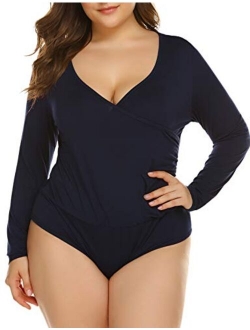 IN'VOLAND Women's Bodysuit Plus Size Short Sleeve Scoop Neck Bodysuit Basic Top T Shirt Leotards Jumpsuits