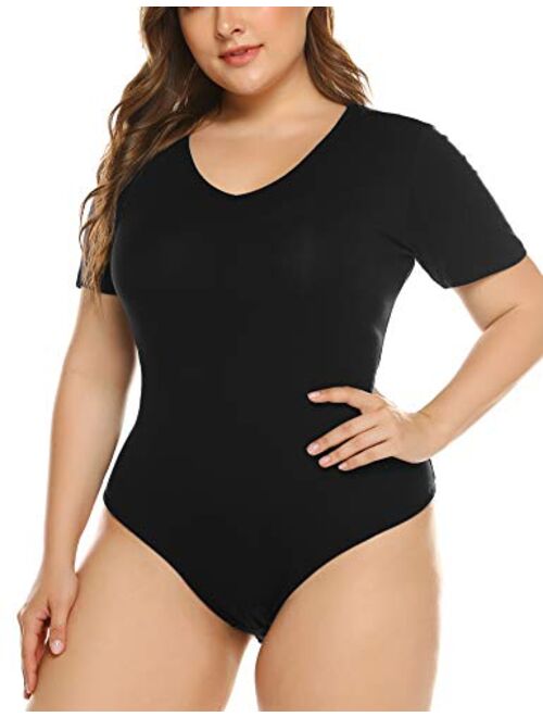 IN'VOLAND Women's Bodysuit Plus Size Short Sleeve Scoop Neck Bodysuit Basic Top T Shirt Leotards Jumpsuits