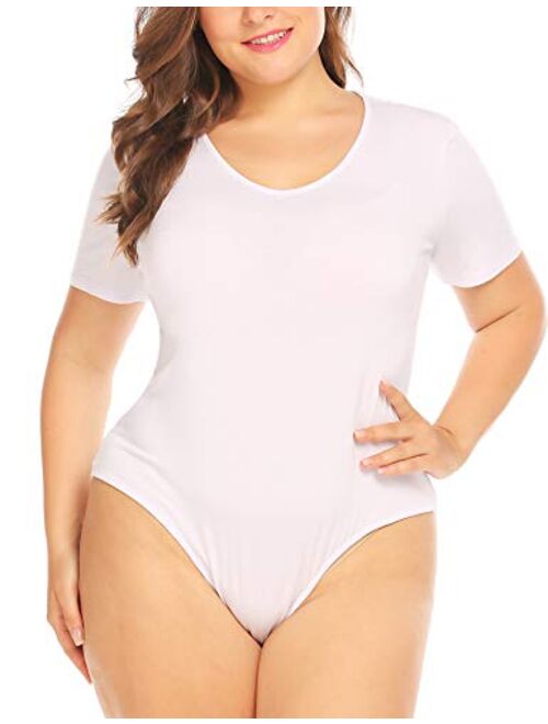 IN'VOLAND Women's Bodysuit Plus Size Short Sleeve Scoop Neck Bodysuit Basic Top T Shirt Leotards Jumpsuits