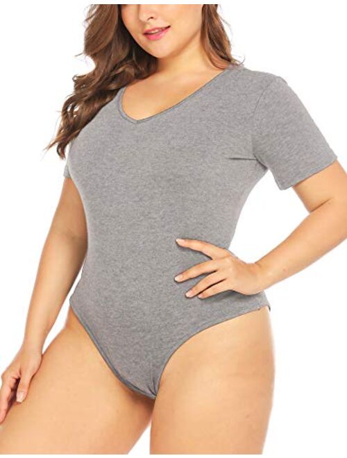 IN'VOLAND Women's Bodysuit Plus Size Short Sleeve Scoop Neck Bodysuit Basic Top T Shirt Leotards Jumpsuits