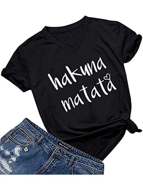 Hakuna Matata T Shirts Women Funny Letter Print Short Sleeve Casual Loose Graphic Tee Tops