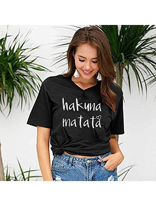 Hakuna Matata T Shirts Women Funny Letter Print Short Sleeve Casual Loose Graphic Tee Tops