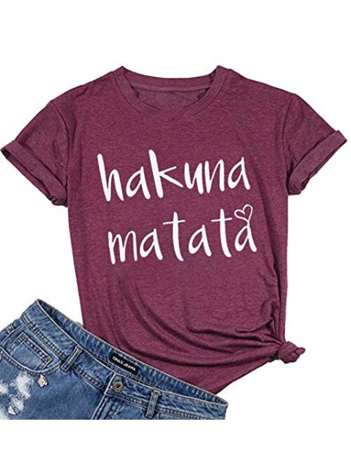 Hakuna Matata T Shirts Women Funny Letter Print Short Sleeve Casual Loose Graphic Tee Tops