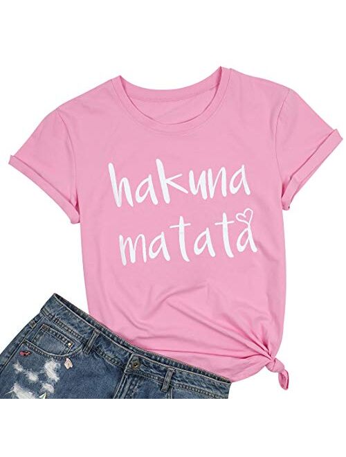 Hakuna Matata T Shirts Women Funny Letter Print Short Sleeve Casual Loose Graphic Tee Tops