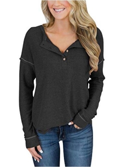 PRETTODAY Women's Long Sleeve Henley Tops Casual Scoop Neck Tunics with Buttons