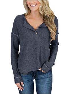 PRETTODAY Women's Long Sleeve Henley Tops Casual Scoop Neck Tunics with Buttons