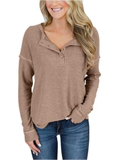 PRETTODAY Women's Long Sleeve Henley Tops Casual Scoop Neck Tunics with Buttons