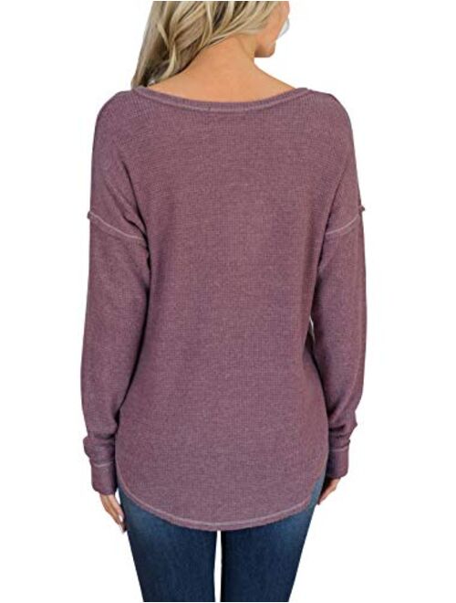 PRETTODAY Women's Long Sleeve Henley Tops Casual Scoop Neck Tunics with Buttons