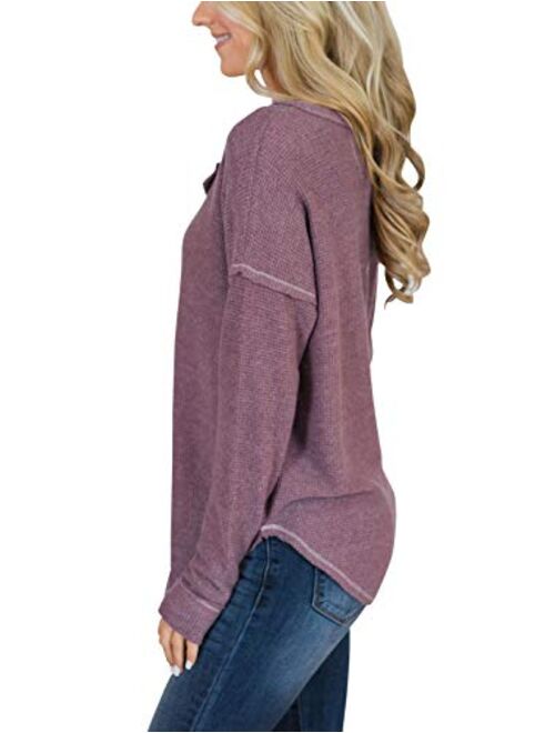 PRETTODAY Women's Long Sleeve Henley Tops Casual Scoop Neck Tunics with Buttons