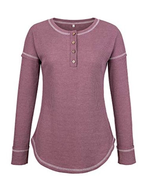 PRETTODAY Women's Long Sleeve Henley Tops Casual Scoop Neck Tunics with Buttons