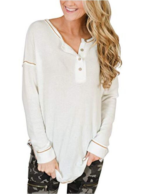 PRETTODAY Women's Long Sleeve Henley Tops Casual Scoop Neck Tunics with Buttons