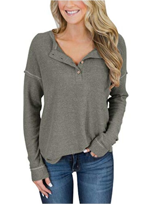 PRETTODAY Women's Long Sleeve Henley Tops Casual Scoop Neck Tunics with Buttons