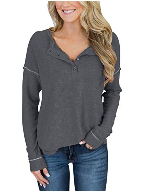 PRETTODAY Women's Long Sleeve Henley Tops Casual Scoop Neck Tunics with Buttons