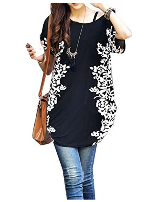 Relipop Women Summer Tunic Short Sleeve Casual Loose Blouse Top