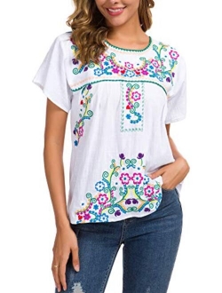 YZXDORWJ Women's Embroidered Mexican Peasant Blouse Mexico Summer Shirt Short Sleeve