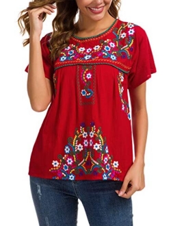 YZXDORWJ Women's Embroidered Mexican Peasant Blouse Mexico Summer Shirt Short Sleeve