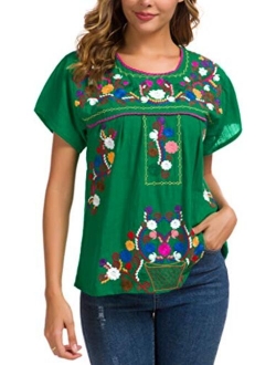 YZXDORWJ Women's Embroidered Mexican Peasant Blouse Mexico Summer Shirt Short Sleeve