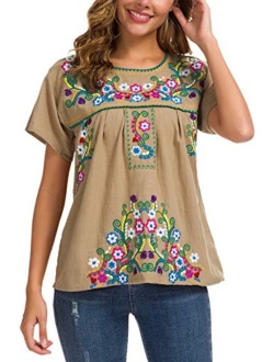 YZXDORWJ Women's Embroidered Mexican Peasant Blouse Mexico Summer Shirt Short Sleeve