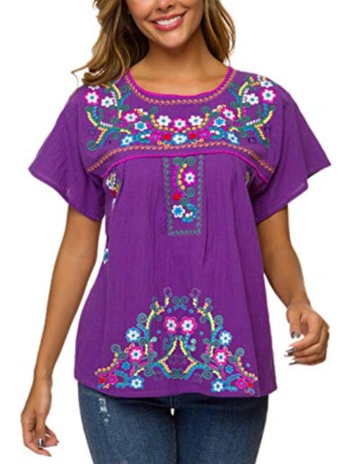 YZXDORWJ Women's Embroidered Mexican Peasant Blouse Mexico Summer Shirt Short Sleeve