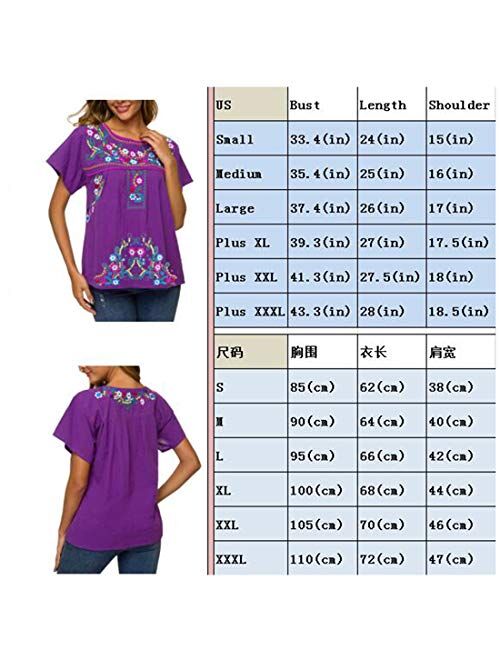 YZXDORWJ Women's Embroidered Mexican Peasant Blouse Mexico Summer Shirt Short Sleeve