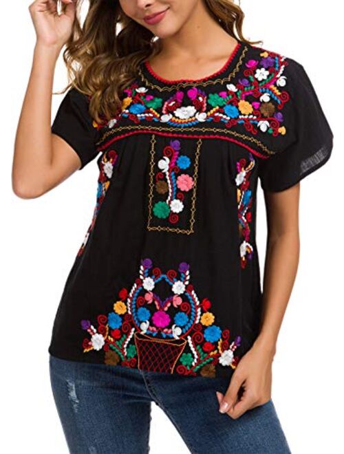 YZXDORWJ Women's Embroidered Mexican Peasant Blouse Mexico Summer Shirt Short Sleeve