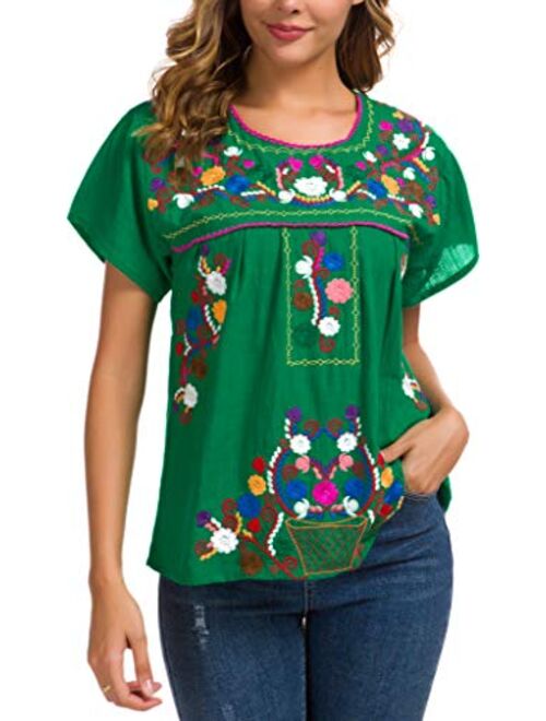 YZXDORWJ Women's Embroidered Mexican Peasant Blouse Mexico Summer Shirt Short Sleeve