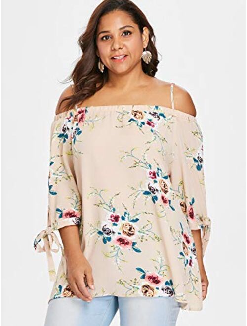 ZAFUL Women Plus Size Floral Classic Straps Cold Shoulder Regular Sleeve Blouse Shirt Top