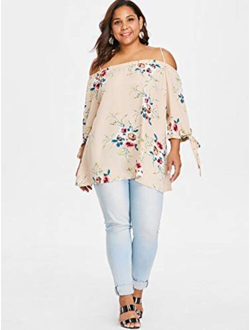 ZAFUL Women Plus Size Floral Classic Straps Cold Shoulder Regular Sleeve Blouse Shirt Top