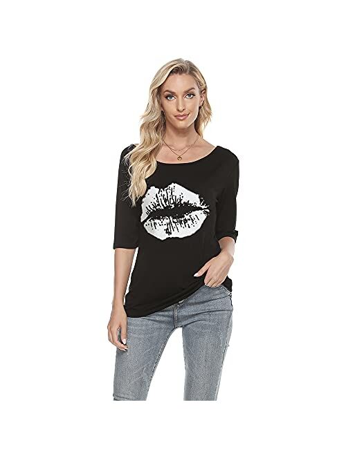 MAGICMK Womens Short Sleeve Lips Print Casual Off The Shoulder T-Shirt Tops