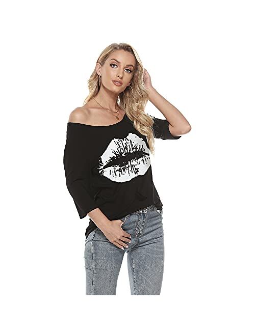 MAGICMK Womens Short Sleeve Lips Print Casual Off The Shoulder T-Shirt Tops