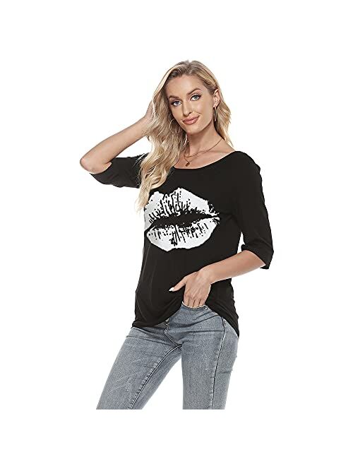 MAGICMK Womens Short Sleeve Lips Print Casual Off The Shoulder T-Shirt Tops