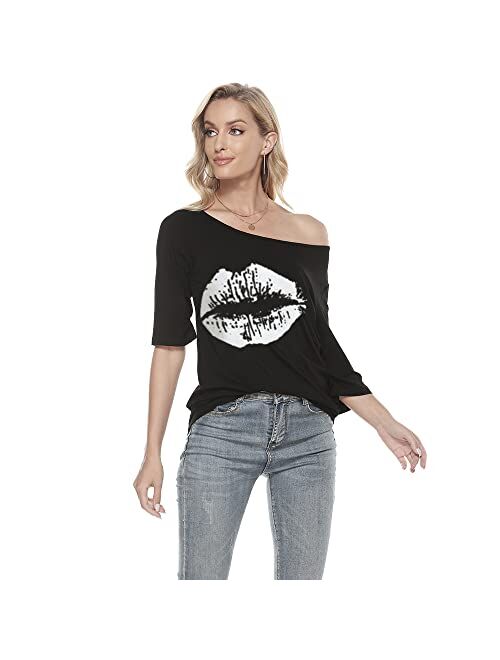 MAGICMK Womens Short Sleeve Lips Print Casual Off The Shoulder T-Shirt Tops